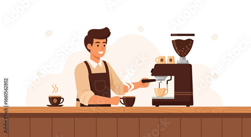 Barista Crafting Fresh Brewed Coffee With Professional Espresso Machine