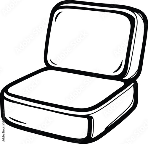A black and white doodle-style illustration of a sofa or chair cushion set, including a seat and backrest. Ideal for home decor, comfort, or furniture themes.