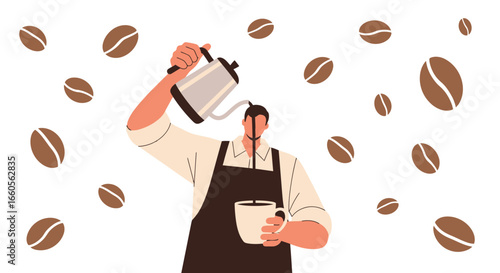 Barista Pouring Coffee From Kettle In Cup With Falling Coffee Beans