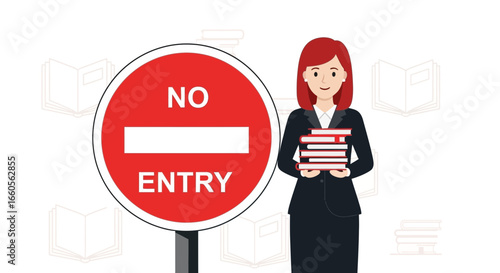 Barrier To Education Illustrated By Road Sign And Woman Holding Stack Books