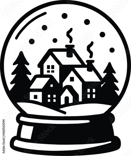 A black and white doodle-style illustration of a snow globe with a cozy winter village scene inside. Ideal for Christmas, holiday, or seasonal themes.