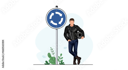 Biker Relaxing At Roundabout Road Sign After a Long Journey Ride
