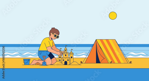 Boy Builds A Sandcastle On The Beach Near A Tent In Summer Vacation