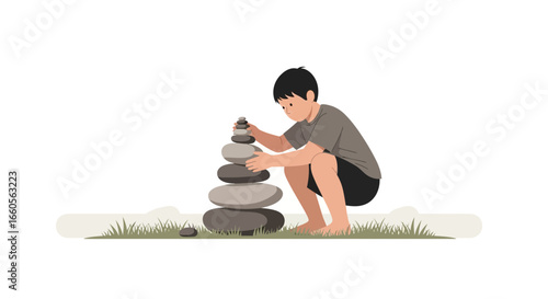 Boy Builds Stone Tower Harmony Balance Kid Playing Outdoors Illustration