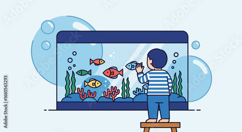 Boy Cleans Fish Tank Enjoying His Pet Colorful Fish Hobby Inside Home