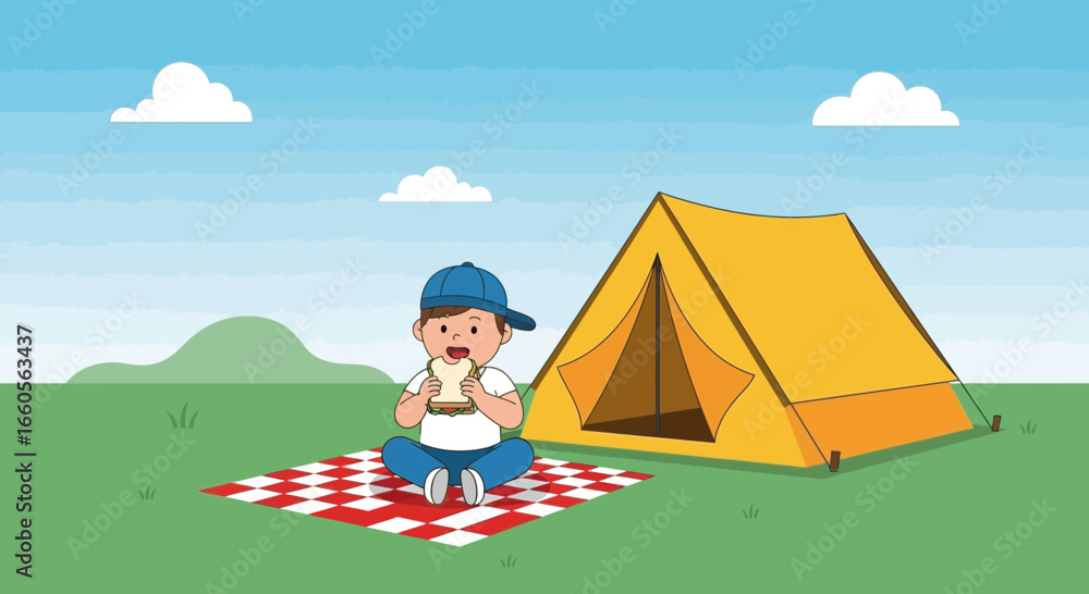Fototapeta premium Boy Enjoying a Sandwich During Summer Camping Vacation in Outdoor Nature