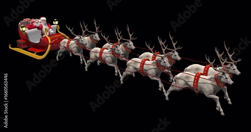 Santa Claus riding sleigh pulled by eight reindeer with gifts on transparent background, Christmas Eve delivery, holiday magic, and celebration. 3d rendering animation. Alpha channel, ProRes 4444.