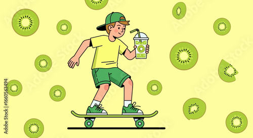 Boy Enjoying Kiwi Smoothie While Skateboarding With Floating Kiwi Slices