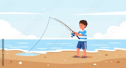 Boy Fishing at The Beach on a Summer Vacation Having Fun at Sea