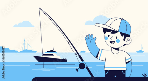 Boy Fishing Waving Hand Enjoying Seascape Coastal Adventure Vacation Outdoors