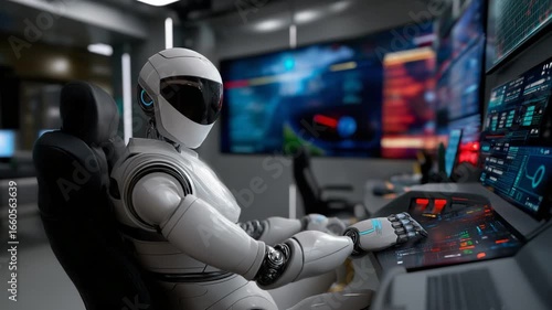 Wallpaper Mural AI Robot at Digital Console surrounded by Cyber Data Streams Torontodigital.ca