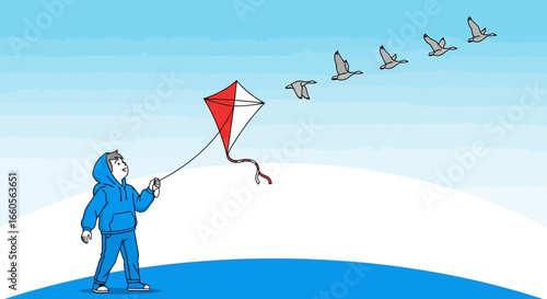 Boy Flying Kite Enjoying Outdoors Against the Backdrop of Migrating Birds