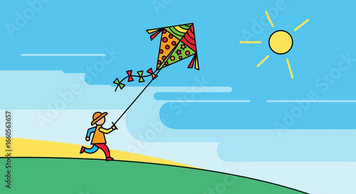 Boy Flying Kite On Sunny Day Colorful Illustration Design Concept