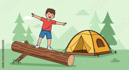 Boy Having Fun Balancing On A Log At Campsite Adventure Illustration