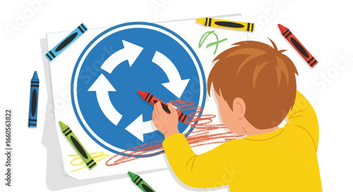 Boy Learning About Traffic Roundabouts Using Crayons On Paper At Home