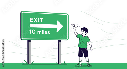 Boy On a Road Trip Playing With a Paper Airplane Beside Exit Sign