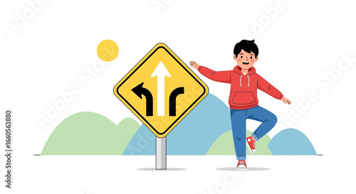 Boy On An Adventure Standing Next To A Directional Road Sign In A Cartoon Style