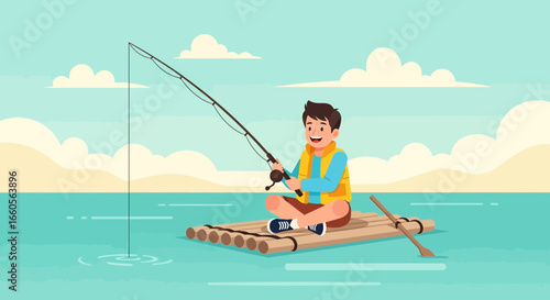 Boy On Raft Enjoys Quiet Fishing Day Waterscape With Blue Sky And Clouds