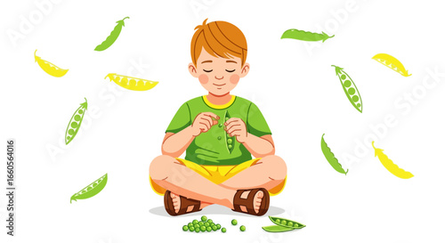 Boy Plays With Pea Pods Healthy Snack Promoting Plant Based Nutrition