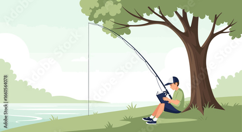 Boy Relaxing Near Lake Reading Book While Waiting For Fish To Bite