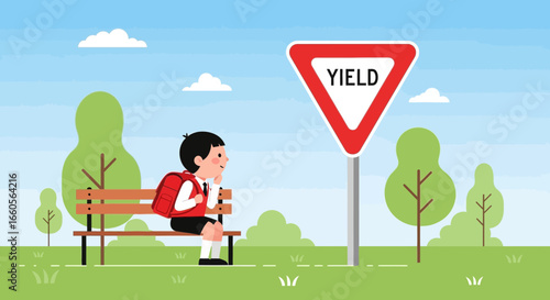 Boy Sits on Bench Next To Yield Sign in Park After School