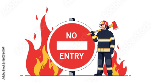 Brave Firefighter Standing Guard At Blazing No Entry Restricted Zone Crisis