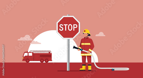 Brave Firefighter With Hose Near Stop Sign And Fire Truck On A Rescue Operation
