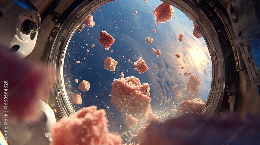 Obraz premium Pink Cubes Float Weightlessly Against Sunrise Earth View From Spacecraft Porthole Cosmic Background Cinematic Space Exploration