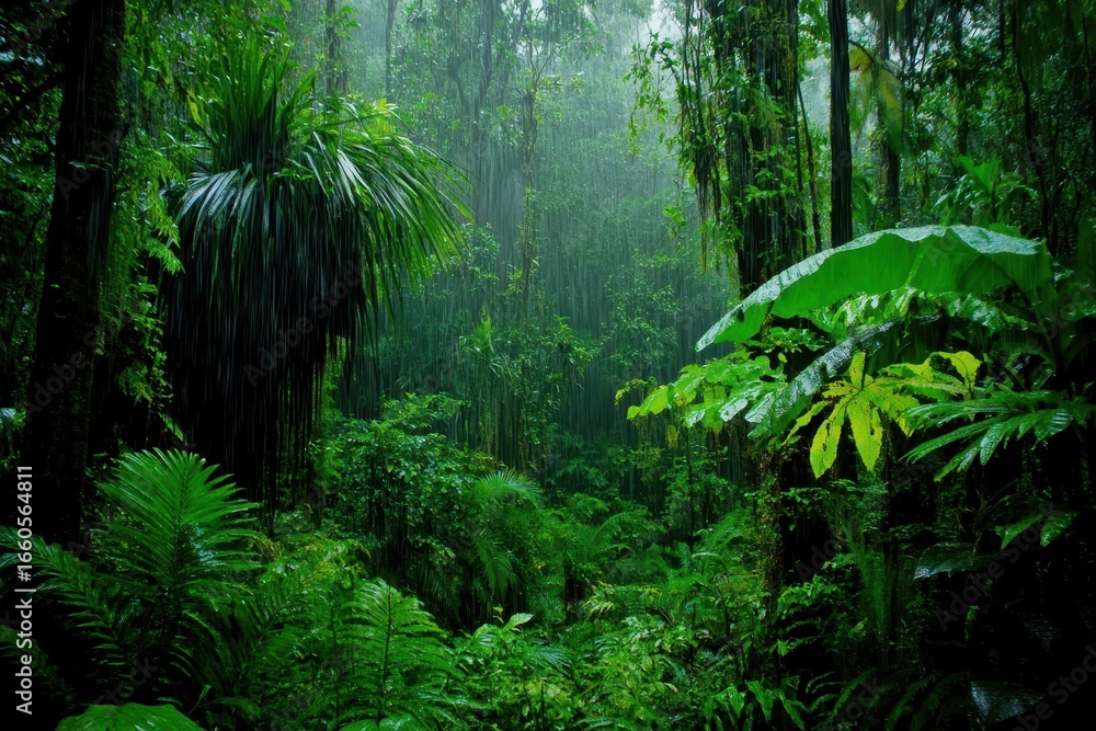 Fototapeta premium Lush Tropic Haven: A Dense Jungle Landscape Filled with Verdant Greenery and Rainfall