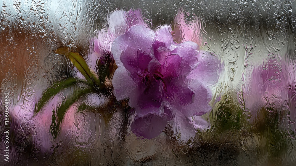 Obraz premium Pink Flower Blossom Viewed Through Rain Covered Window Close Up Macro Photography Of Delicate Petals, Blurry Background, Springtime Tranquility