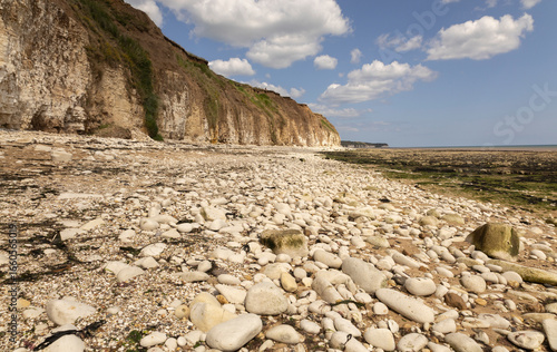 Rocky Coastline with Sandy Beach and Majestic Cliffs Under a Clear Sky