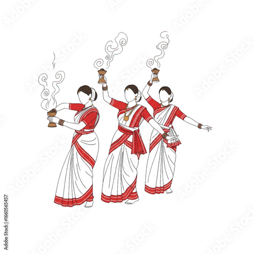  Minimalist Line Art of Dhunuchi Dance. An elegant and clean line art vector illustration capturing the grace of the Dhunuchi dance.