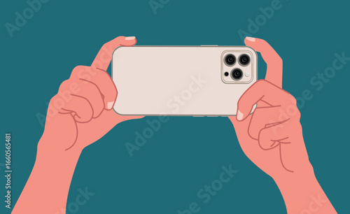 A hand using a smartphone back view isolated on background Flat vector illustration. Taking picture with mobile phone back view.