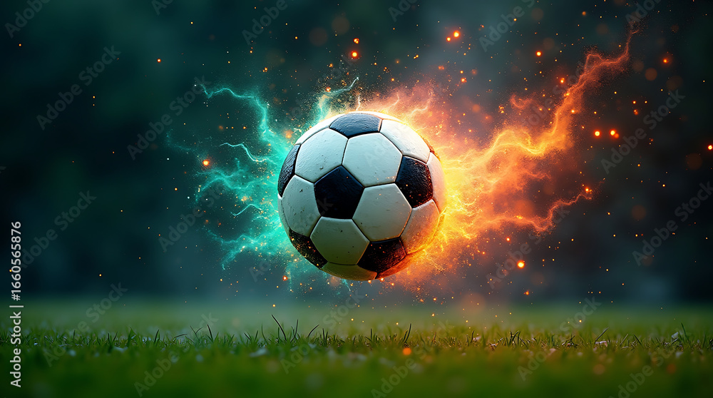 Fototapeta premium Soccer ball with contrasting teal and orange energy bursts on a grassy field football sport