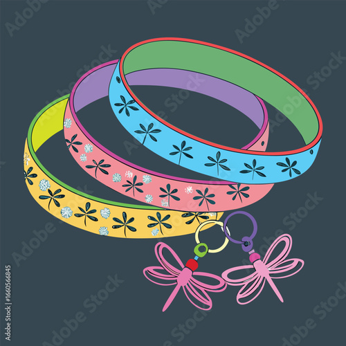 Colorful bangles with dragonfly charms and floral patterns