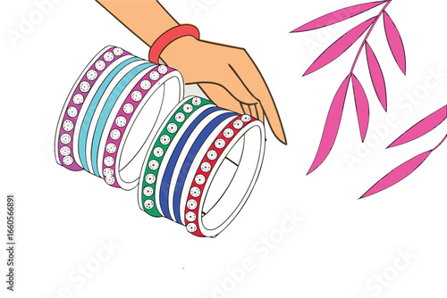 Hand Presenting Colorful Bejeweled Bangles with Pink Leaves