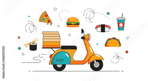Food Delivery Action with Scooter and Various Dishes in a Graphic Style, Urban Environment, Colorful Viewpoint, Fun Concept