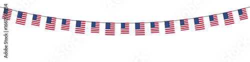USA flag bunting vector. Patriotic red, white and blue pennants on a rope for Independence Day, Memorial Day celebrations, national parties and outdoor events.