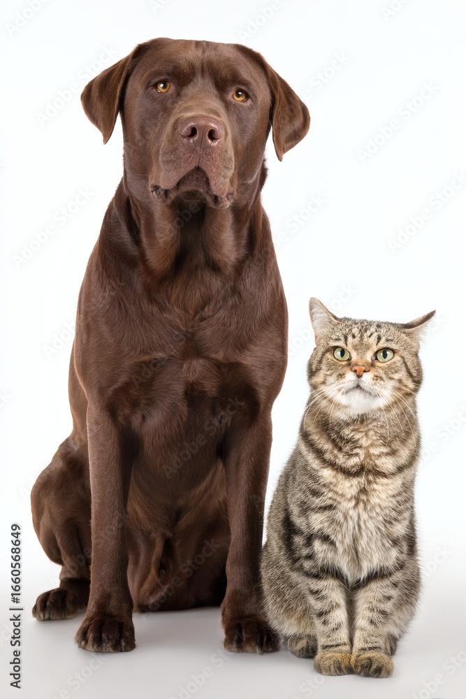 Loyal Companions: A steadfast labrador retriever and an inquisitive tabby cat, united in friendship, sit side by side, embodying the essence of companionship and mutual affection. Loyal Companions: A steadfast labrador retriever and an inquisitive tabby cat, united in friendship, sit side by side, embodying the essence of companionship and mutual affection.