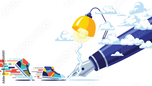 A vibrant illustration of colorful sneakers taking flight from a fountain pen nib, illuminated by a glowing desk lamp amidst stylized clouds, symbolizing cre...