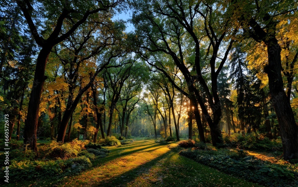 Naklejka premium Sunlight streams through a tranquil forest path