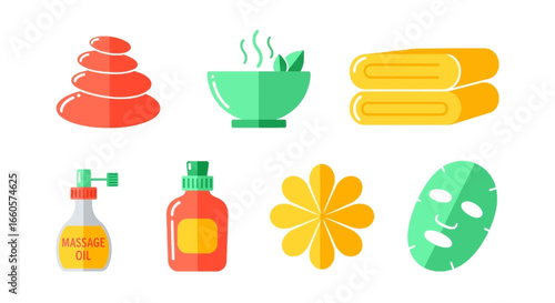 A collection of colorful flat icons representing spa, wellness, and beauty treatments like massage and facials.