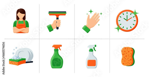 Colorful icon set for cleaning services, featuring a maid, squeegee, sparkling hand, clock, dishwashing sponge, and spray bottles.