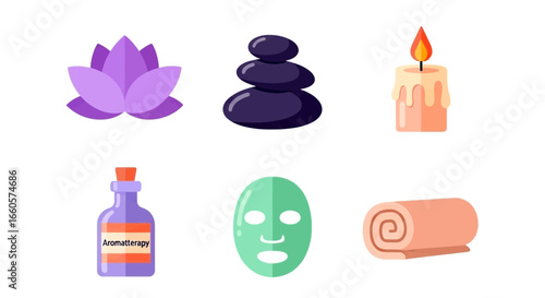 A collection of six spa and wellness icons: a lotus flower, stacked zen stones, a lit candle, aromatherapy oil, a facial mask, and a rolled towel.