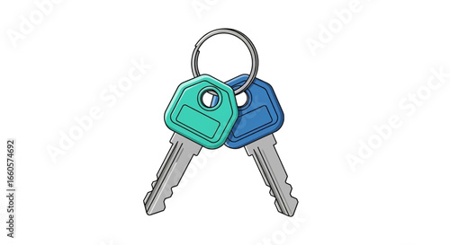 A simple illustration of two colorful house keys, one teal and one blue, hanging from a metal key ring.