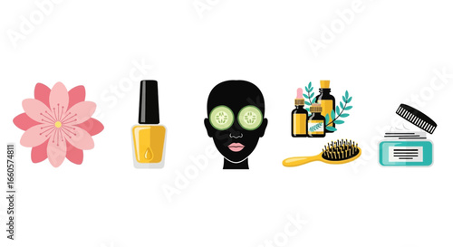 A collection of flat vector icons representing beauty, cosmetics, and self-care products for spa treatments.