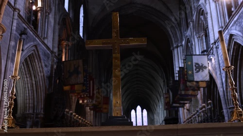 Orbit Around Cross Staged In Large Gothic European Cathedral