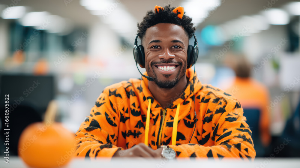 Fototapeta premium A smiling man in a pumpkin-themed hoodie wears headphones, surrounded by a festive office atmosphere, with a small pumpkin in front of him.
