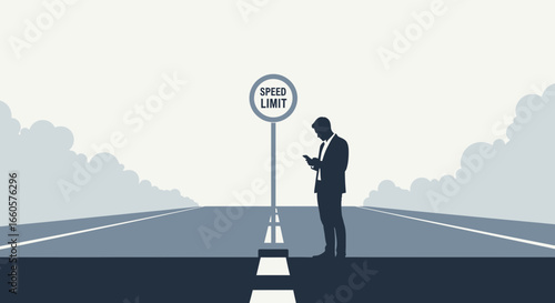 Businessman Checks His Phone Next To A Speed Limit Sign On A Road