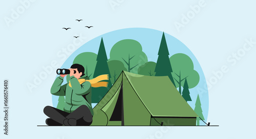 Camper Observes Nature Through Binoculars At Forest Adventure Campground